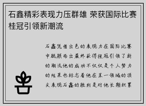 石鑫精彩表现力压群雄 荣获国际比赛桂冠引领新潮流