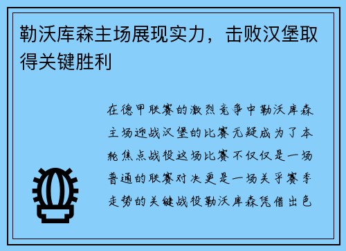 勒沃库森主场展现实力，击败汉堡取得关键胜利