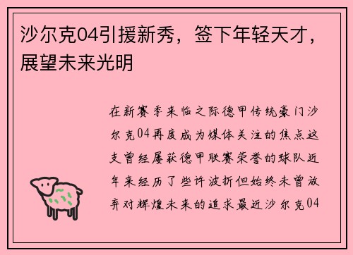 沙尔克04引援新秀，签下年轻天才，展望未来光明