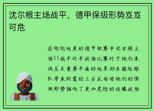 沈尔根主场战平，德甲保级形势岌岌可危